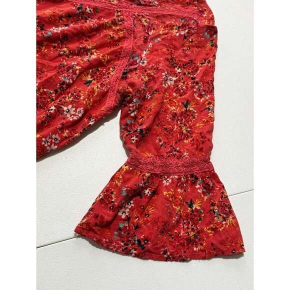 Torrid Floral Red Orange Lace Peasant Top, Boho Bell Sleeve, Size 2 (2X) - Picture 8 of 9